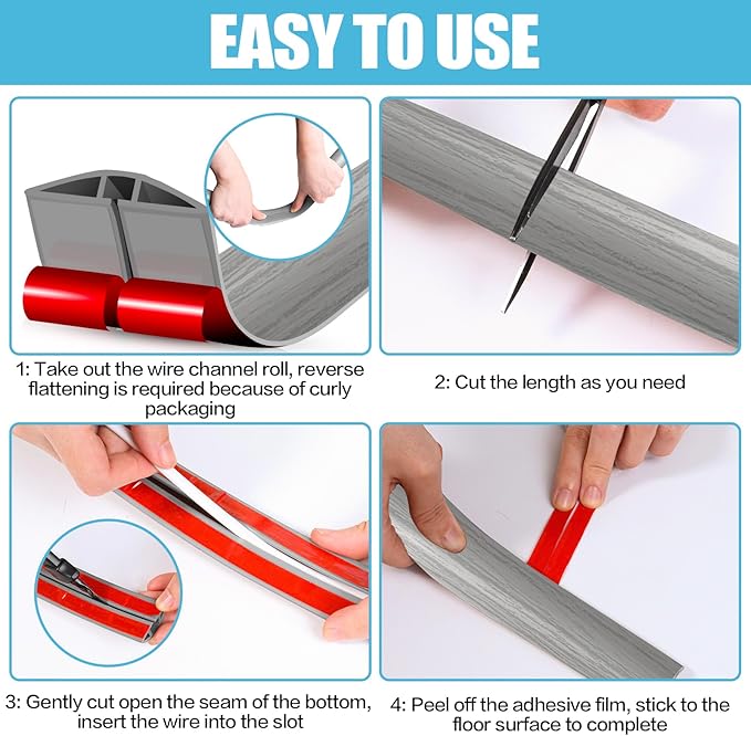 Floor Cord Cover Cavity 0.8"x0.37" Self Adhesive Cord Hider, 10FT Low Profile Cable Management, Extension Strip Protector for Wires, Prevent Cable Trips for Offices, Gyms, Exhibitions (Gray Wood)