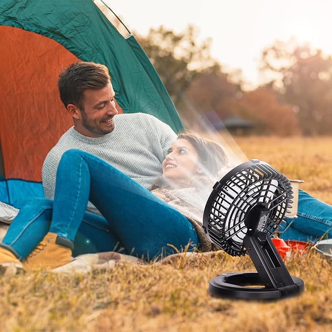 RUNTOP Portable Fan Battery Operated, Rechargeable Foldable Camping Fan with LED Light & Hanging Hook, USB Small Table Fans for Tents Travel, Home Office Bedroom,3 Speeds Battery Powered Desk Fans