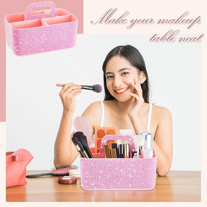 Marspark Bling Makeup Caddy Organizer with Handle, Sparkly Art Craft Holder, Glitter Bathroom Hair Caddy, Shimmer Pen Pencil Holder for Women Desk Organizer, Bling Gifts for Women(Pink,AB Diamond)