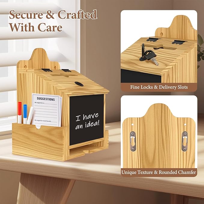 Suggestion Box With 50 Cards, Wooden Prayer Boxes Donation Box with Acrylic Sign Holder and Tools, Mutilple-use for Tip, Savings,Ballot. Home Wall Mounted Cash Boxes Letter Box with Lock