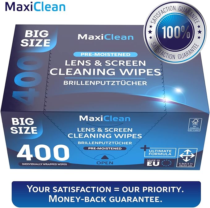 Glasses Wipes Lens Cleaner - Lens Wipes for Eyeglasses - 400 Pre-moistened Individually Wrapped Wipes for Eye Glasses, Electronics, Phone, Computer, Laptop Screen - Camera Lens Cleaner - Made in EU