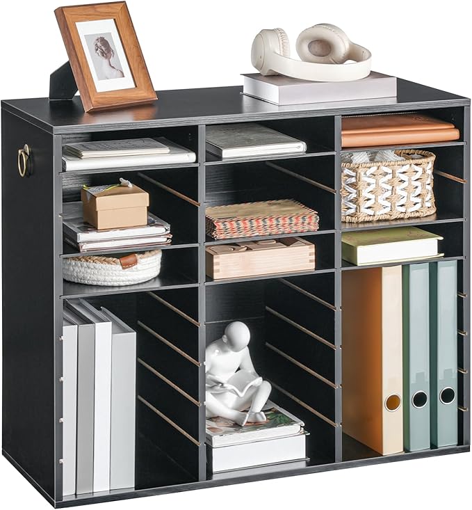 HOOBRO Literature Organizer, 27 Compartments Wooden Mail Organizer, Countertop Literature Sorter with Adjustable Shelves for Home, Office, School, Student Mailbox for Classroom, Black BK27WF01