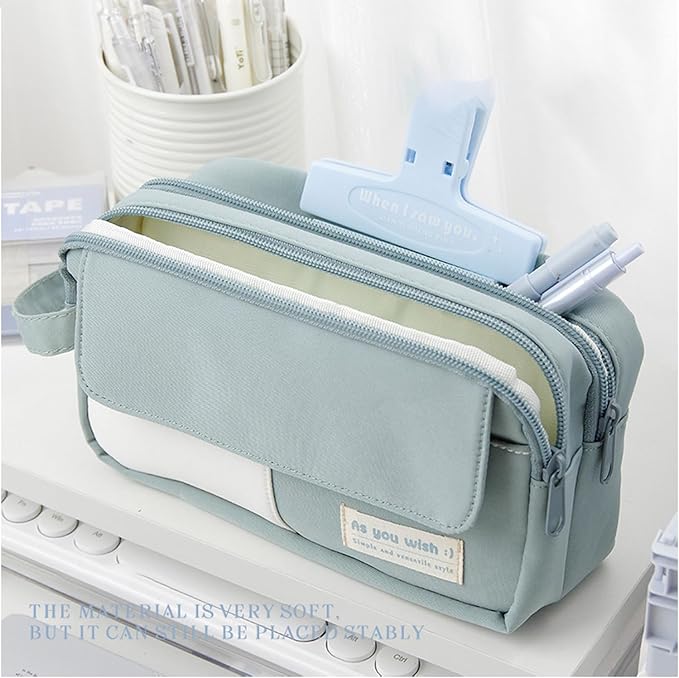 42 Pcs Big Capacity Pencil Pouch with Aesthetic School Supplies, 12 Highlighters, 5 Black Ink Gel Pens, 6 Mechanical Pencils Set 0.5 & 0.7mm, Sticky Notes, Stationary Set for Student (Blue 2)