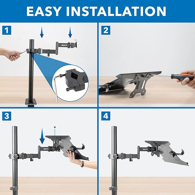 Mount-It! Laptop Pole Mount Tray | Full Motion Laptop Mount Fits Up to 15.6 Laptops | Universal Adjustable Steel Notebook Stand for Add On to Monitor Mounts