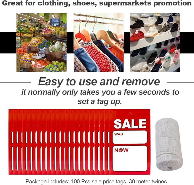 Sale Price Tags with String Attached - Supermarket Pricemarker Labels Supplies for Clothing, Shoes, Snacks with 30M Twines, 5" Lx3“W,100 Pcs