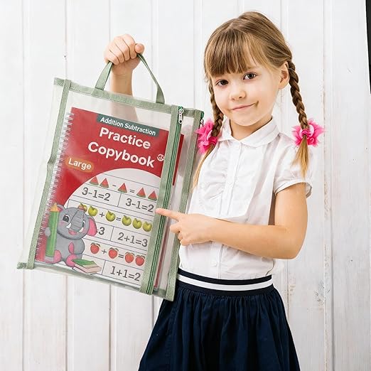 Magic Grooved Writing Practice for Kids 3-8 – 4 Reusable Handwriting Practice with Disappearing Pens | Alphabet, Numbers, Math Tracing | Large Preschool & Kindergarten Workbook with A4 Zipper Pouch