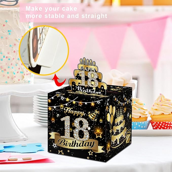 Toerifer 18th Birthday Cash Money Box Gift Set - Black Gold Party Decor, DIY Money Gift Box with 35 Bags