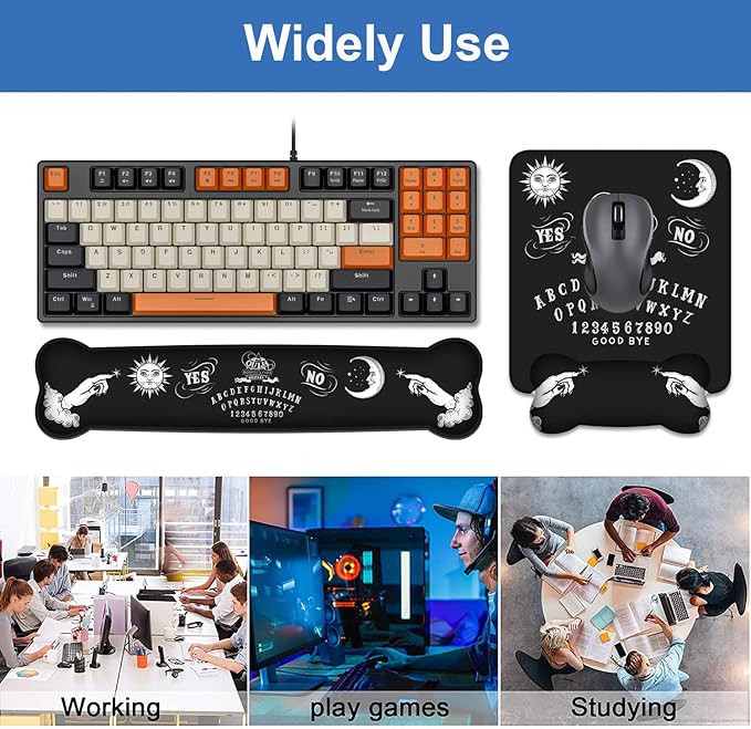 Wrist Rest Support Ergonomic Gel Mouse Pad & Memory Foam Keyboard Set, Non-Slip Rubber PU Base for Home Office Working Studying Easy Typing & Pain Relief, Ouija Board