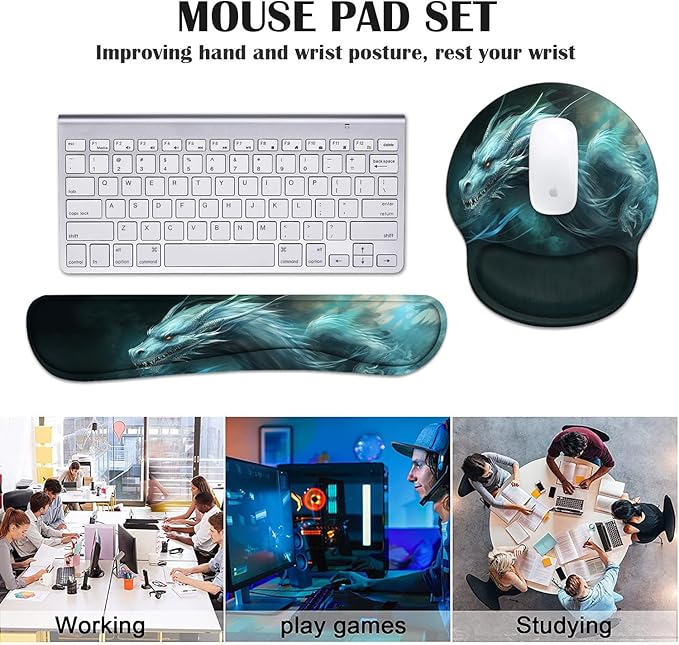 Keyboard Wrist Rest and Mouse Pad Wrist Support Set with Coasters, Ergonomic Gaming Mousepad Non-Slip PU Base for Home Office Working Studying Easy Typing & Pain Relief - Dragon
