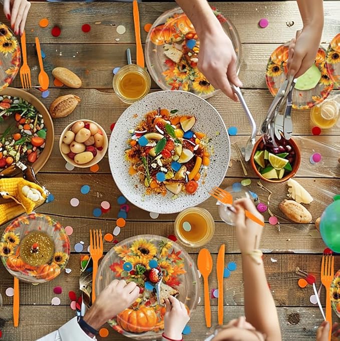 140Pcs Fall Thanksgiving Party Supplies Tableware Set for 20 Guests, Pumpkin Paper Plates and Napkins Cups Tablecloth Cutlery Straws for Autumn Harvest Party Decoration