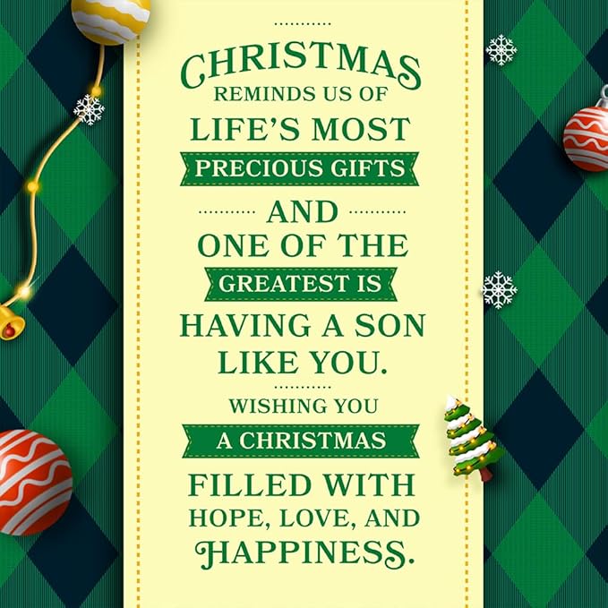 Prime Greetings Son Christmas Card, Made in America, Eco-Friendly, Thick Card Stock with Premium Envelope 5in x 7.75in, Packaged in Protective Mailer