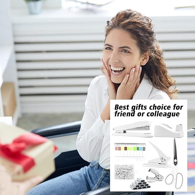 sportsvoutdoors White Desk Accessories, Modern Minimalist Office Supplies Set, Large Stapler, Tape Dispenser, Scissors, Paper Clips, Tabs with Ruler