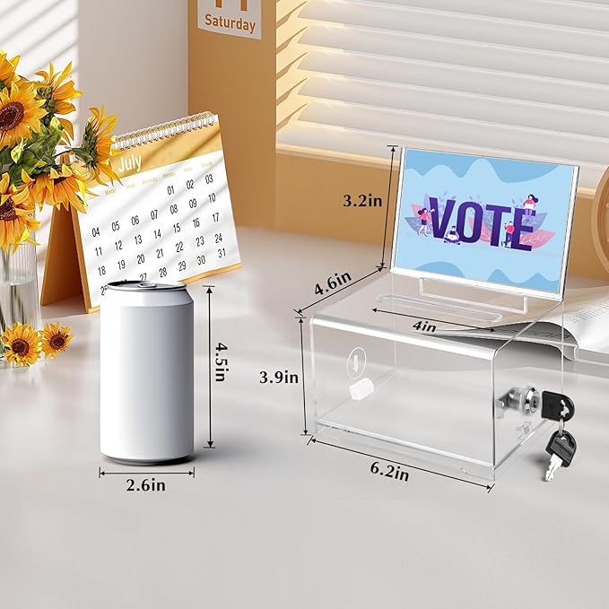 VOISEN Clear Donation Box with Lock,2 Pack Ballot Box with Sign Holder,Suggestion Box for Fundraising, Voting Box with Slot for School,Conference 6.2x4.6x3.9 Inch