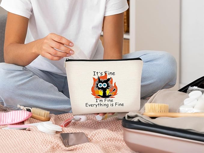 Funny Cute Cat Makeup Bag,Its Fine Im Fine Everythings Fine,Black Cat Cosmetic Bag,Fire Keep Calm Small Pouch,Birthday Gift,Coworker Gifts,Cat Lover Gifts for Women
