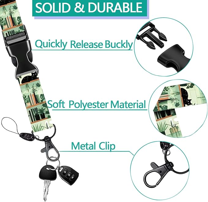 Cute Black Cat Lanyard with ID Holder, Book Shelf Plant ID Badge Holder with Retractable Badge Reel Carabiner Clip,Breakaway Lanyard Keychain Name Tag ID Card Holder for Teacher Student