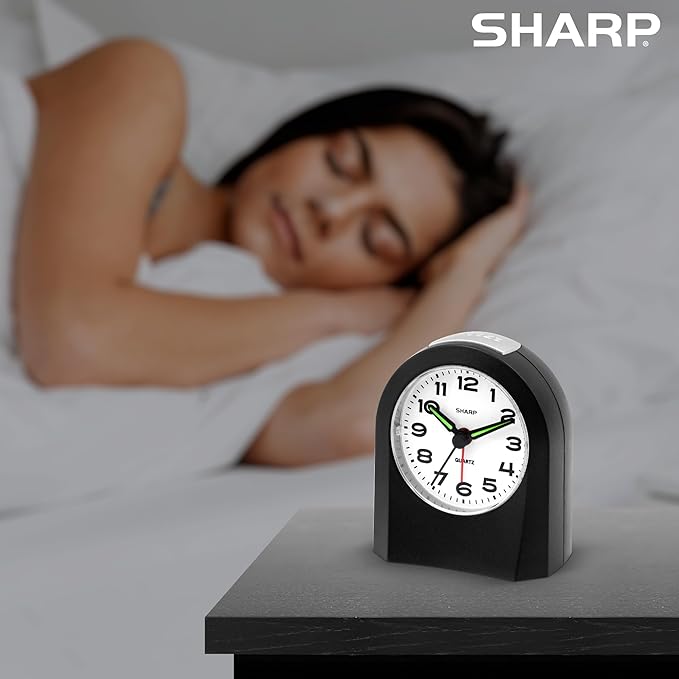 Sharp Small Battery Operated Analog Alarm Clock Silent No Ticking, Lighted on Demand and Snooze, Beep Sounds, Gentle Wake, Ascending Alarm