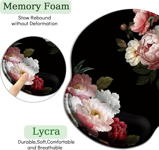 Black Flower Mouse Pad with Wrist Rest, Ergonomic Mouse Pad Wrist Support with Non-Slip Pain Relief PU Base, Funny Laptop Computer Mousepad, Cute Office Home Desk Accessories Decor