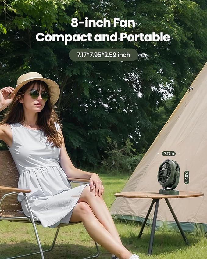 Gaiatop Portable Camping Fan with LED Lantern, Power Display 360° Head Rotation, Hanging Hook for Tent, 3 Speed Quiet Rechargeable, 4000mAh Battery Operated USB Fans for Indoor Outdoor Travel Green