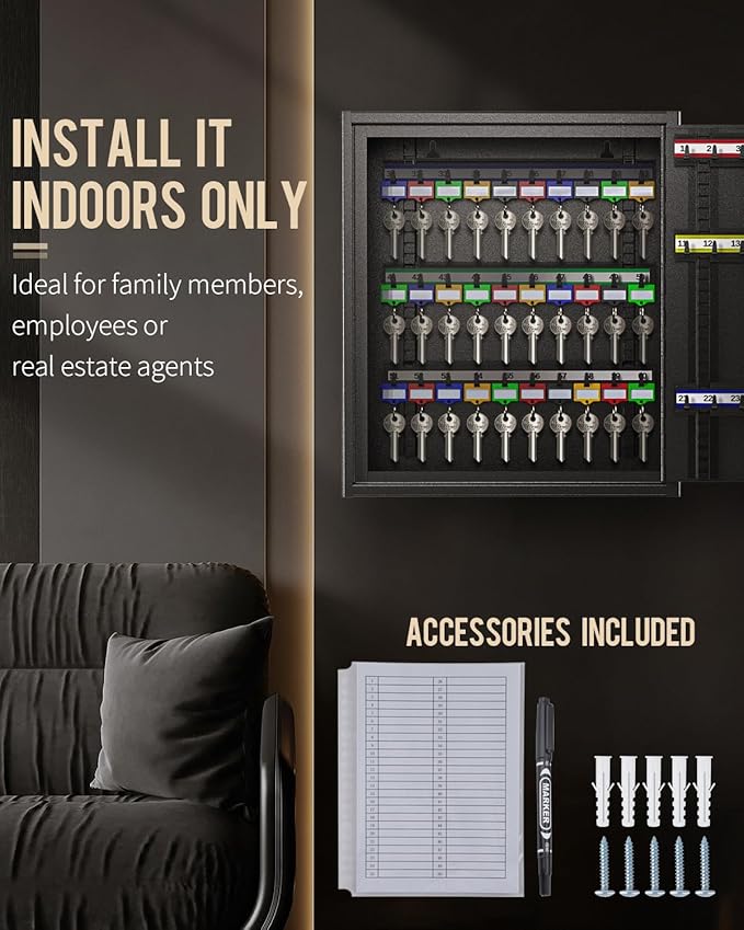 Uniclife 60 Position Key Cabinet Steel Security Storage Box with Combination & Key Lock, Resettable, Digital, Adjustable Racks, Colorful Labels & Hooks