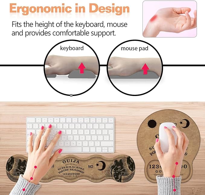 Wrist Rest Support Ergonomic Gel Mouse Pad & Memory Foam Keyboard Set, Non-Slip Rubber PU Base for Home Office Working Studying Easy Typing & Pain Relief, Retro Ouija Board