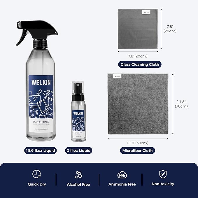 WELKIN Screen Cleaner Spray Kit (550ml + 60ml) - Cleaning Mist for TV, Laptop, Computer, Phone Touchscreen - 2 Sprayers,1 Microfiber Cloth & 1 Glass Wipe Included