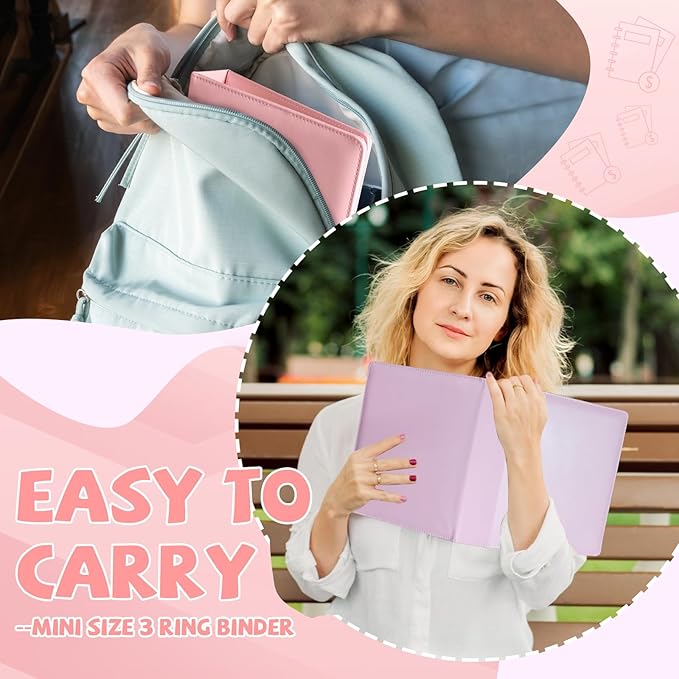 2 Pack Mini Size 3 Ring Binder 5 Colors Dividers Pu Leather Binders 7.7" X 9.3" Holds 200 Sheets Paper Three Ring Binder DRing Purple Pink with Pen Loop 1 Pockets School Office (Purple&Pink)