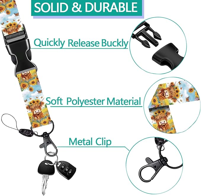 Highland Cows Lanyards with ID Holder Watercolor Butterfly Sunflower ID Badge Holder with Adjustable Breakaway Lanyard Cute Retractable Badge Reel for Teacher Student Kids Nurse Office