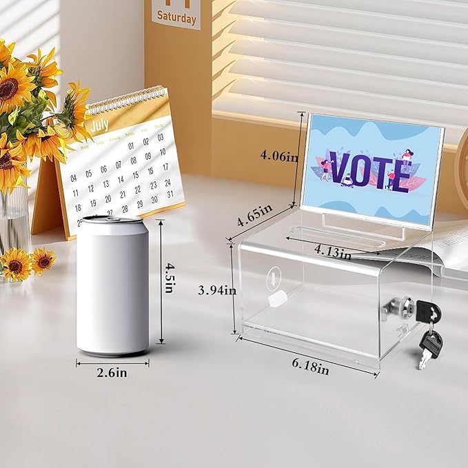 VOISEN Clear Donation Box with Lock,Ballot Box with Sign Holder,Suggestion Boxes for Fundraising, Tip Jar with Slot for School,Conference 6.2x4.6x3.9 Inch