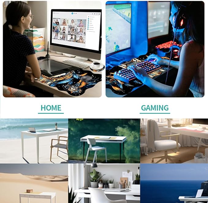 Desk Mat, Mouse Pad with Wrist Rest, 4-in-1 Large Mouse Pads for Desk, Ergonomic Mouse Pad and Keyboard Wrist Rest Gaming Keyboard Mat for Office,Dreamcatcher Wolf