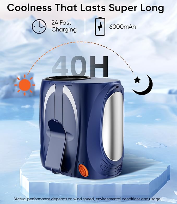 AI Portable Waist Fan, 6-Speed 16000RPM Strong Turbo Airflow, 40H Max Cooling Battery Powered Personal Fan Rechargeable, Hands-Free for Work, Outdoor, Travel, Gift for Men - Blue