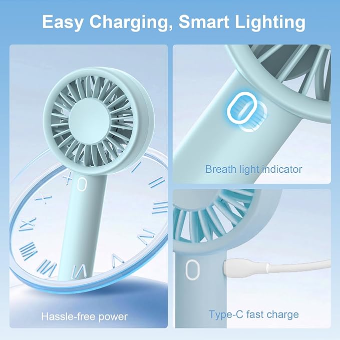 Portable Handheld Fan, USB Personal Fan Rechargeable Battery Operated 10H Working Cooling Time Mini Small Design with Base for Desktop/Travel/Outdoor/Vacation/Concerts/Lash Makeup-Blue