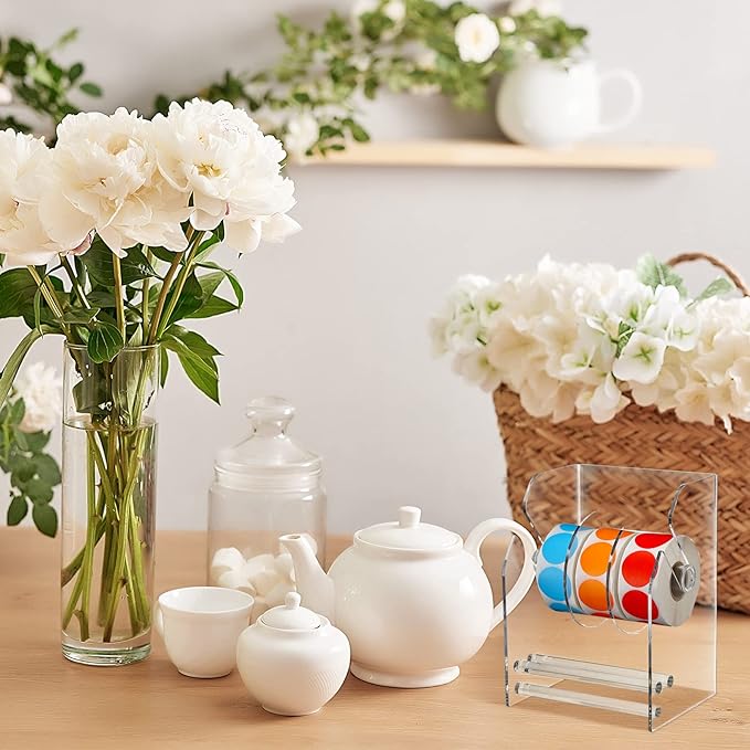 Geosar 2 Pcs Adjustable Label Dispenser 3 Disks Sticker Roll Holder Sticker Dispenser Clear Label Roll Holder Acrylic Tape Organizer Stand for Office Home Desktop