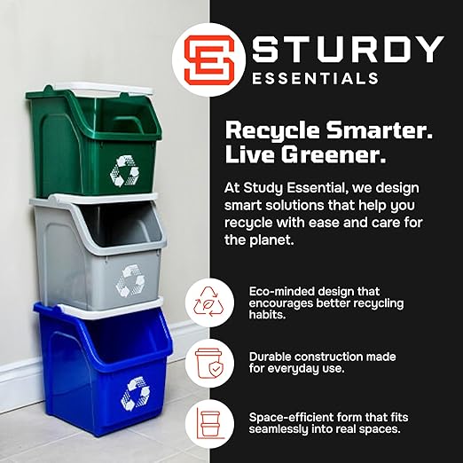 Multi Bin Recycling System with Three Stackable 6 Gallon Recycle Bins to Build Your Recycling Center for Offices, Kitchen, Garages, Businesses (3 Pack, Blue/Yellow/Red)
