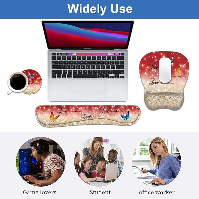 Ergonomic Mouse Pad Wrist Support and Keyboard Wrist Rest Set with Coasters, Non-Slip PU Base, Easy Typing & Pain Relief, Perfect for Home Office Working Studying, Red Glitter Quote Live Laugh Love