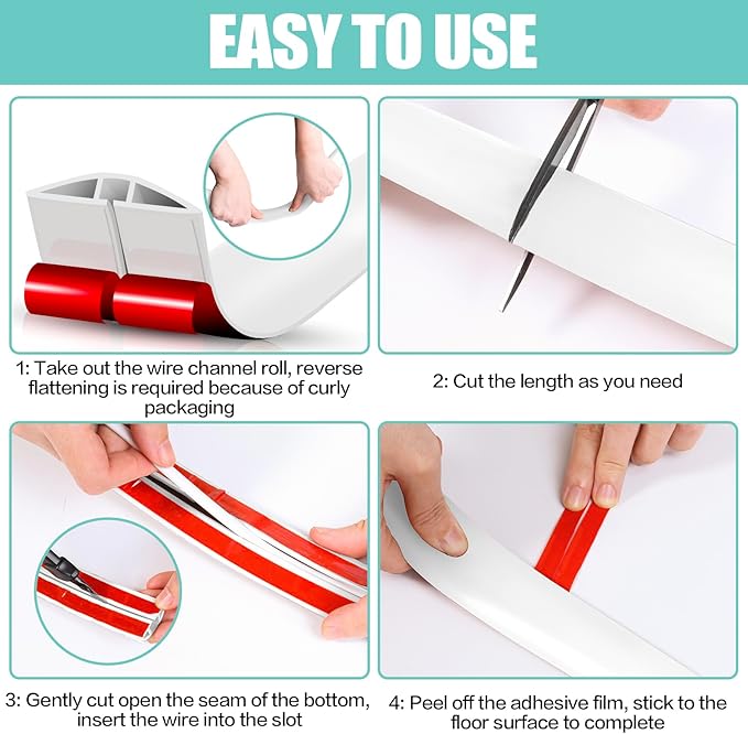 Floor Cord Cover Cavity 0.8"x0.37" Self Adhesive Cord Hider, 3.3FT Low Profile Cable Management, Extension Strip Protector for Wires, Prevent Cable Trips for Offices, Gyms, Exhibitions (White)