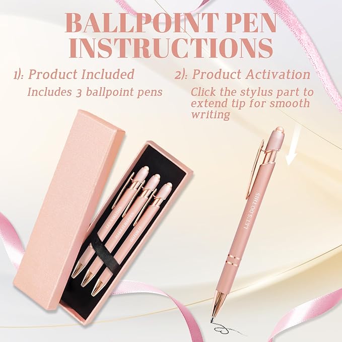 YUNCHUN 3PCS Fancy Ballpoint Pen Sets for Women, Cute Ball Pens with Positive Action Words, Best Pen Gift Set for Women, Pretty Black Ink Pens, Elegant Nice Writing Professional Pens for Women, Pink