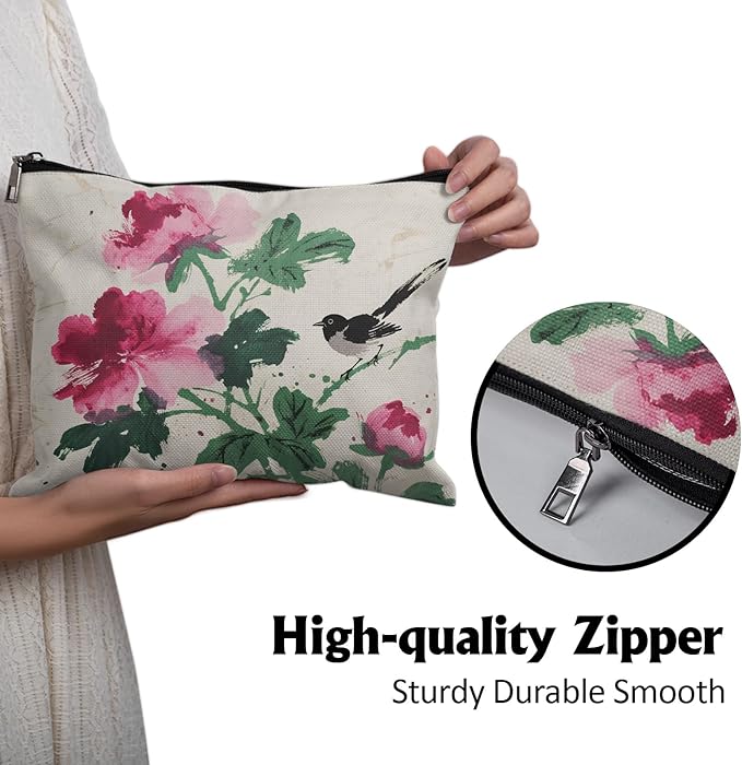 Cafl Ink Blossoms & Magpie Makeup Bag for Women Large Capacity Make Up Bag Portable Travel Cosmetic Bag Toiletry Pouch Organizer 10 * 8inch