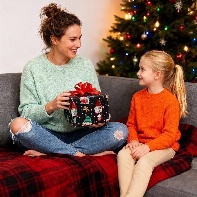 ZDSPIDE Christmas Wrapping Paper for Kids Adults - Xmas Wrapping Paper with Red/Black Plaid, Gnome, Gingerbread Man, Ho Ho Words - 19.7x27.5 Inches, 12 Sheets, Easy to Store