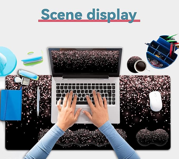 Large Gaming Mouse Pad Memory Foam Keyboard Wrist Rest, Extended Office Desk Mat, Office Desk Pad with Stitched Edges, Laptop Desk Table Protector Rose Gold Glitter Black Writing Mat