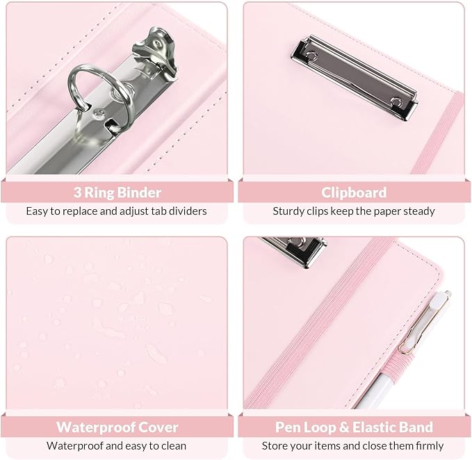 SKYDUE 3 Ring Binder with Clipboard,1 Inch Binder, 13.2" × 10.2" PU Clipboard Binder with Notepad & 5 Dividers with 5 Pockets, Labels, Clipboard Folder Great for School Office(Fit Letter Sized Paper)