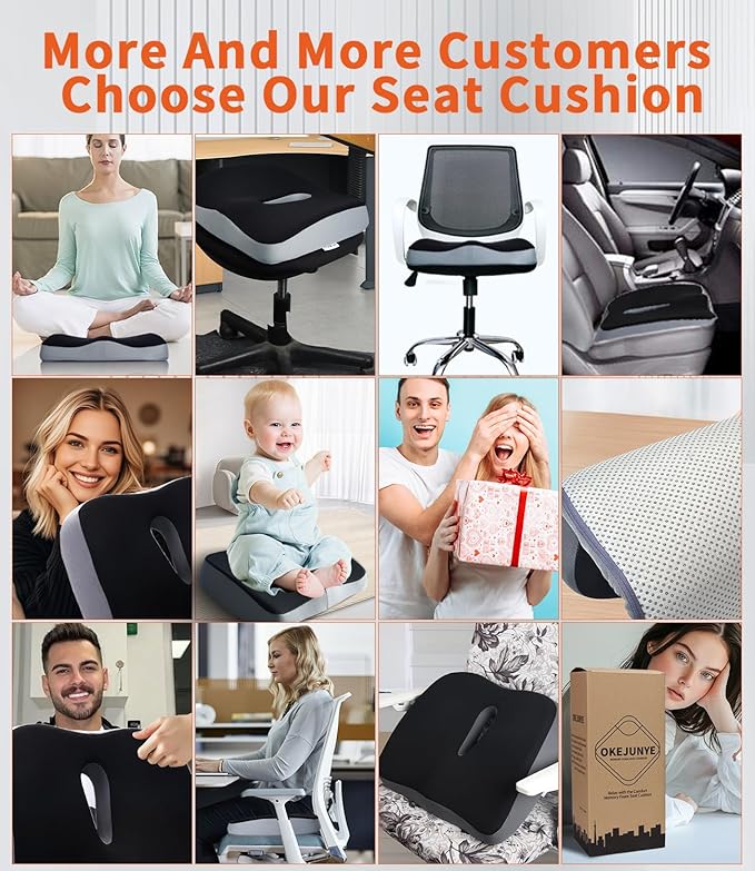 Memory Foam Seat Cushion, Large Office Chair Cushions Chair Pad for Tailbone Sciatica Coccyx Lower Back Pain Relief, Orthopedic Butt Pillow for Desk Chair Car Wheelchair Long Sitting (Black)