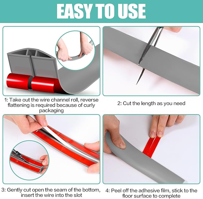 Floor Cord Cover Cavity 0.8"x0.37" Self Adhesive Cord Hider, 3.3FT Low Profile Cable Management, Extension Strip Protector for Wires, Prevent Cable Trips for Offices, Gyms, Exhibitions (Gray)