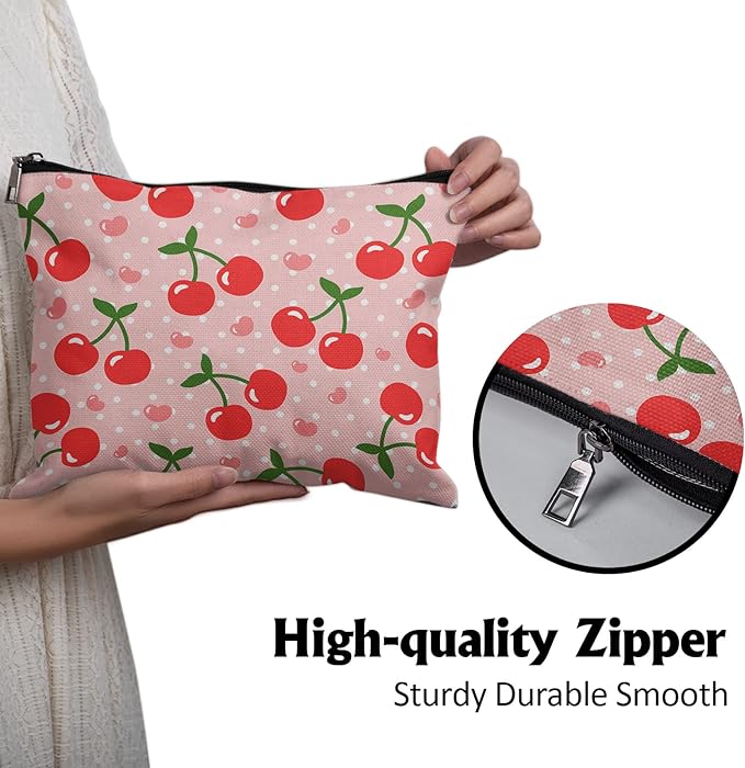 Cafl Cherry Makeup Bag Cherry Pink Zipper Cosmetic Pouch Large Toiltry Bag Travel Linen Make Up Organizer for Purse for Women 10×8Inch