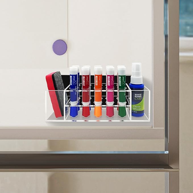 Acrylic Magnetic Dry Erase Marker Holder, 10 Slots Clear Magnetic Marker Pen Holder, Magnet Storage for Whiteboard, Desk, Office, Classroom, Home, Pen,Eraser,Cleaner Not Included
