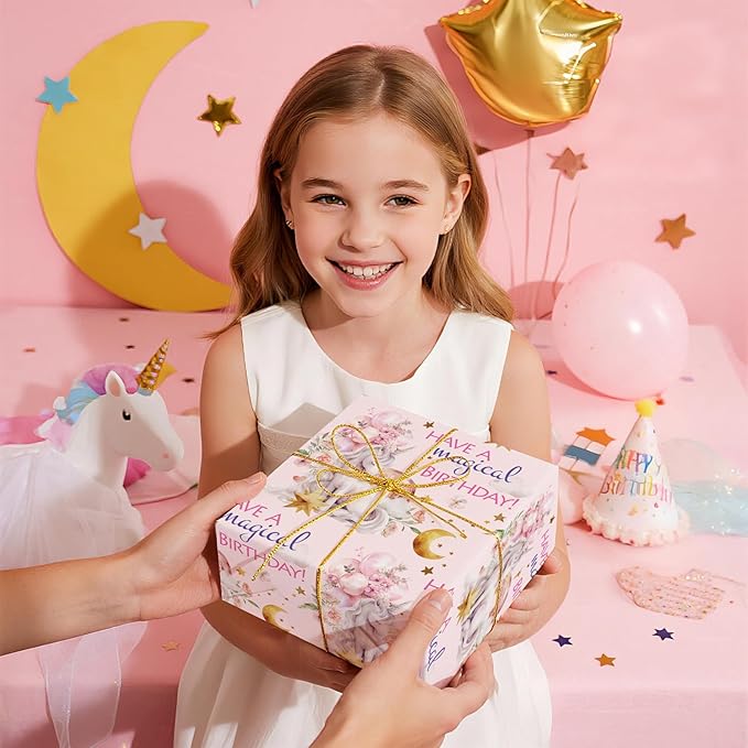 WRAPAHOLIC Unicorn Birthday Wrapping Paper Roll - Mini Roll - 17 Inch x 16.5 Feet - Fairy Land Watercolor Unicorn Wrapping Paper for Kids Girls Birthday, Baby Shower