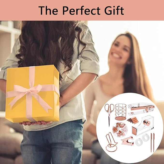 Office Supplies,Desk Accessories,with Stapler,Tape Dispenser,Pen Holder Cup for Desk,Staple Remover,Scissor,Ballpoint Pen,Clear Tape, Staples,Phone Stand,Ruler,Binder,Best Gift Set(Rose Gold)