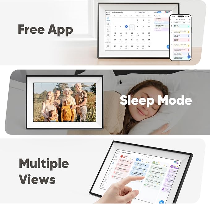 10.1 Inch Smart Family Digital Calendar with Touchscreen – All-in-One Planner, Chore & Meal Chart, Syncs with Google/Outlook/iOS, WiFi Desk Organizer & Digital Photo Frame (Black)