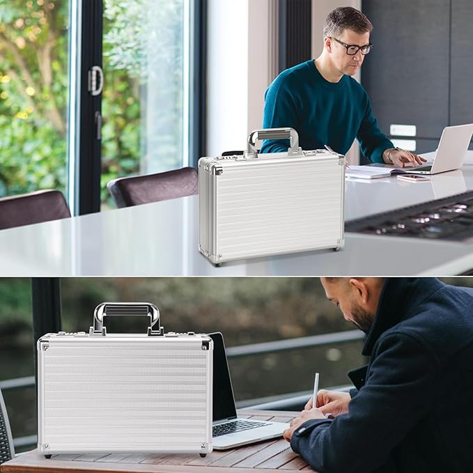 Security Lock Boxes - 14.2 x 9.4 x 4.5 Inch Medium, Portable Locking Storage Totes with Dual Combination Locks, Medicine Lock Box, Lock Boxes for Personal Items, Cash & Briefcase - Silver