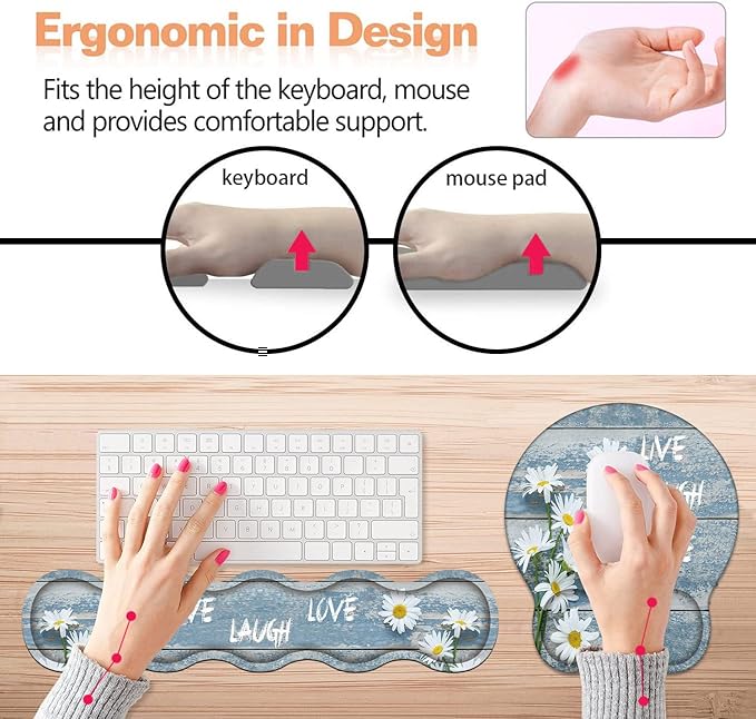 Keyboard Wrist Rest and Mouse Pad Wrist Support Set, Non-Slip Rubber PU Base for Home Office Working Studying Easy Typing & Pain Relief, Dreamy Daisy Vintage Wood Board Live Laugh Love