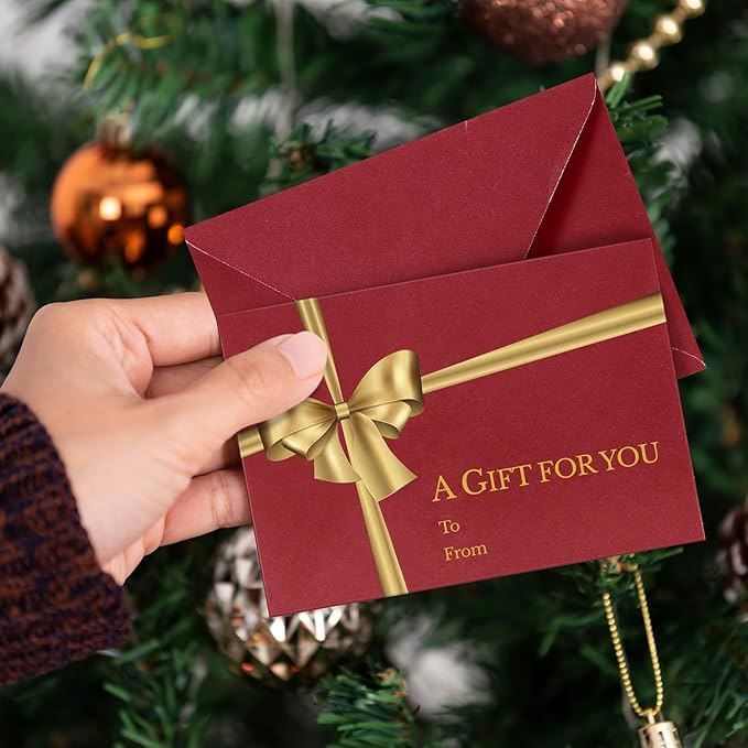 Glenmal 50 Pcs Christmas Mini Gift Card Envelopes with Golden Bow Card Holder Business Envelopes with Gold Ink Pen for Christmas Festival Party Supplies, 2.7 x 3.9''(Red)
